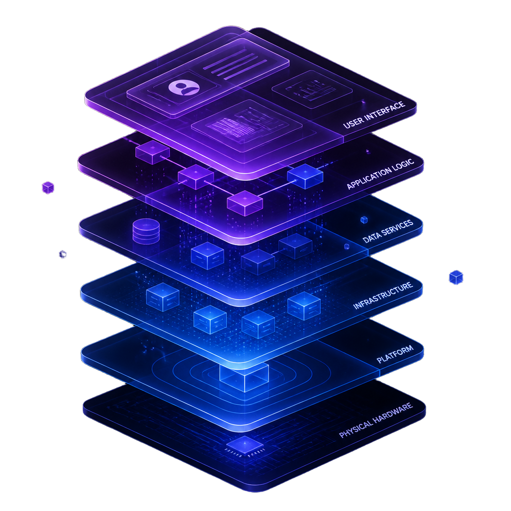 Camadas abstratas de arquitetura de software em 3D